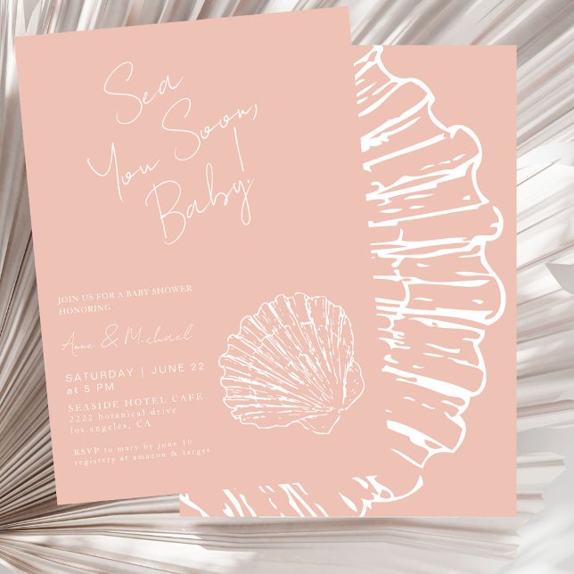  Rosa Scallop Snäcka Sea You Soon Girl Shower Inbjudningar (Skapare uppladdad)