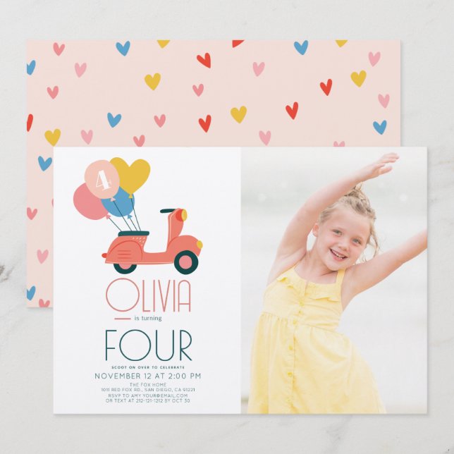 Rosa Scooter Balloons Girl Birthday Photo Inbjudningar (Fram/baksida)
