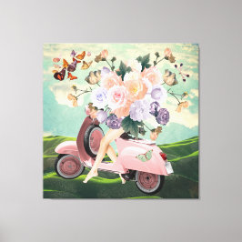 Rosa Scooter ben Bouquet & Himlar Retro Collage Canvastryck