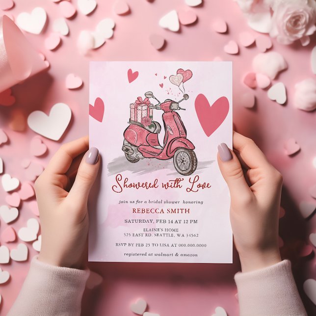 Rosa Scooter Hearts Valentines day Möhippa Inbjudningar (Pink Scooter Hearts Valentines Day Bridal Shower Invitation)