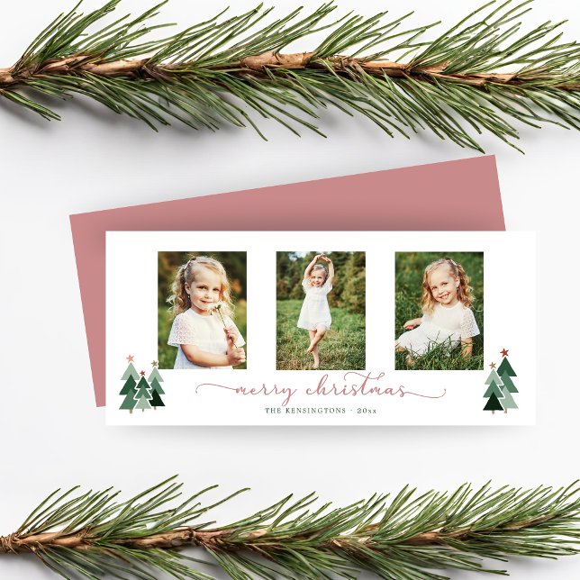 Rosa Script Julgranar Helgdag 3-foto (Pink Script Christmas Trees Holiday 3 Photo Card)