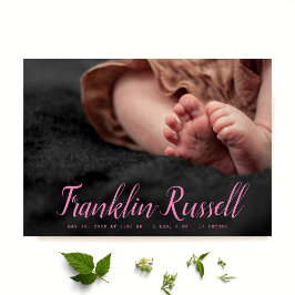 rosa SCRIPT Namn-pojken Baby Birth Notice Inbjudningar
