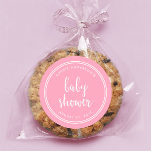 Rosa Script och White Rand Baby Shower Runt Klistermärke
