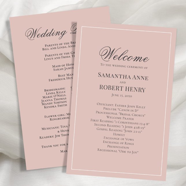  Rosa Script Personligt bröllp-program (Blush pink wedding ceremony program.)