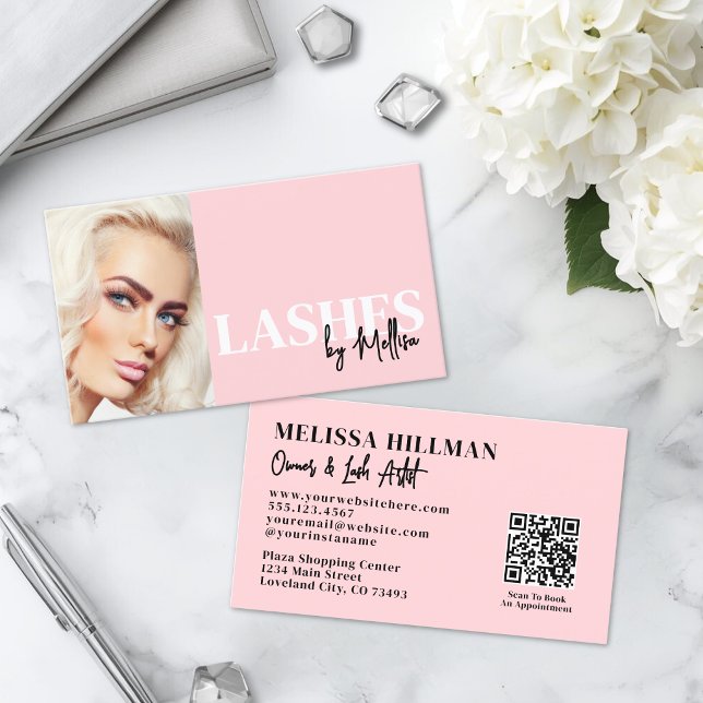 Rosa Script QR-kod Foto-Ögonfransar Visitkort (Blush Pink Script QR Code Photo Lashes Business Card)