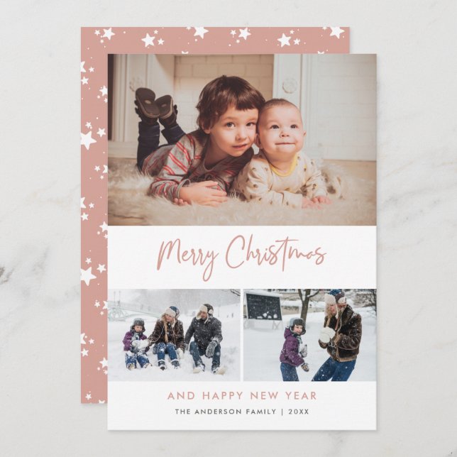 Rosa Script Stars jul 3 Photo Collage Julkort (Fram/baksida)