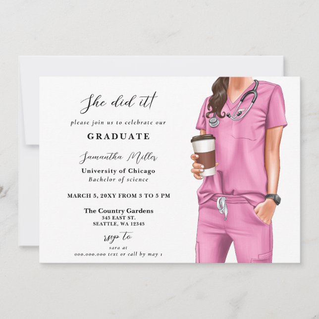 Rosa Scrubs Nurse Photo Hon gjorde det Studenten Inbjudningar (Framsida)