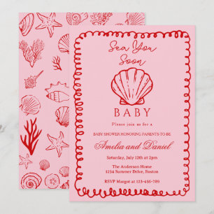 Rosa Se Dina Snart Handritad Ocean Havsskal Baby Inbjudningar