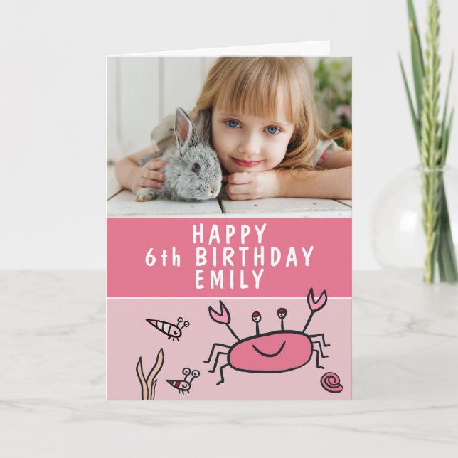 Rosa Sea Animals Crab Snäcka Girl Birthday Photo Kort (Framsida)