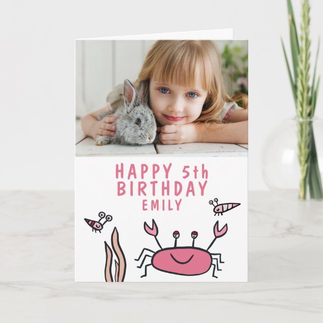 Rosa Sea Animals Crab Snäcka Girl Birthday Photo Kort (Framsida)