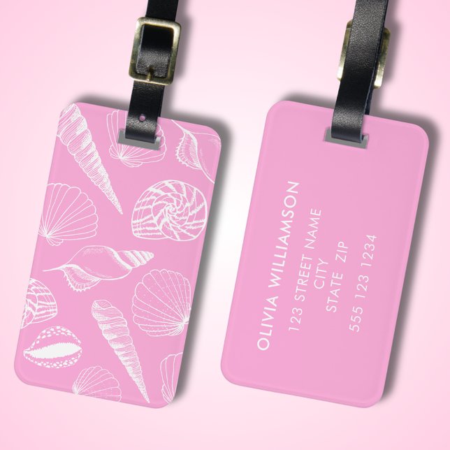 Rosa Sea Snäcka Illustrated Bagagebricka (Pink sea shell illustrated luggage tag with personalized address details to rear.  )