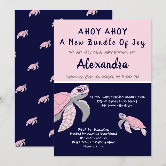 Rosa Sea Turtle Navy Girl Girl Baby Shower (Fram/baksida)