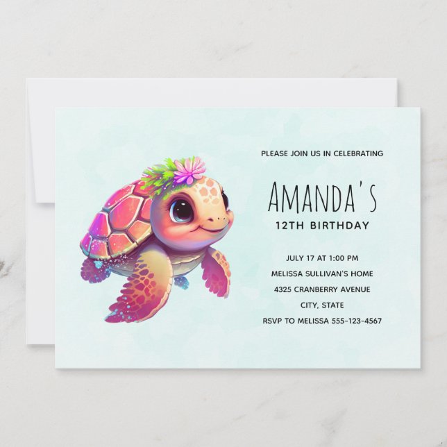 Rosa Sea Turtle Whimsical & Cute Birthday Inbjudningar (Framsida)