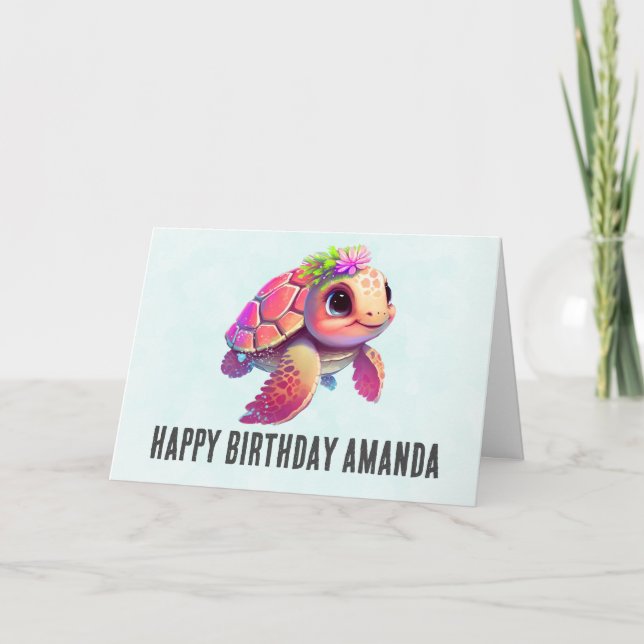 Rosa Sea Turtle Whimsical & Cute Birthday Kort (Framsida)
