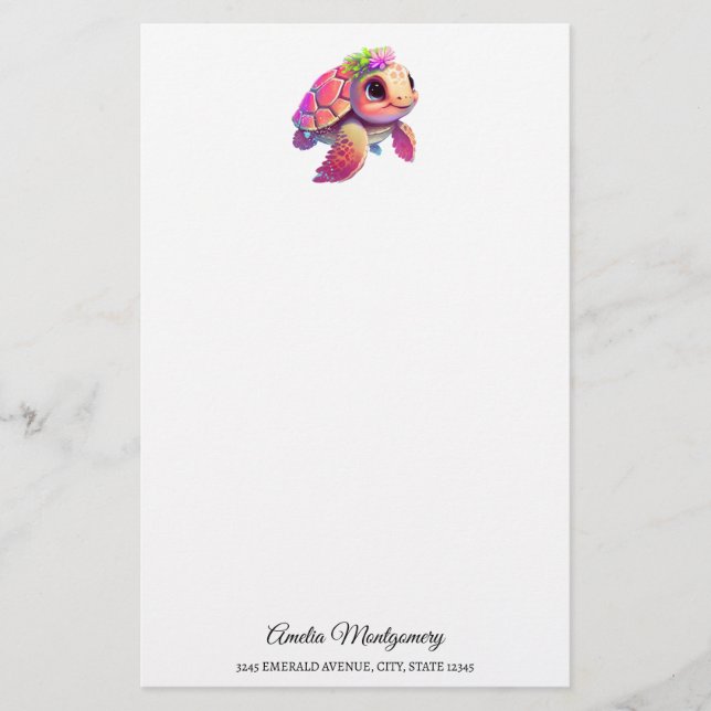 Rosa Sea Turtle Whimsical & Cute Brevpapper (Framsida)
