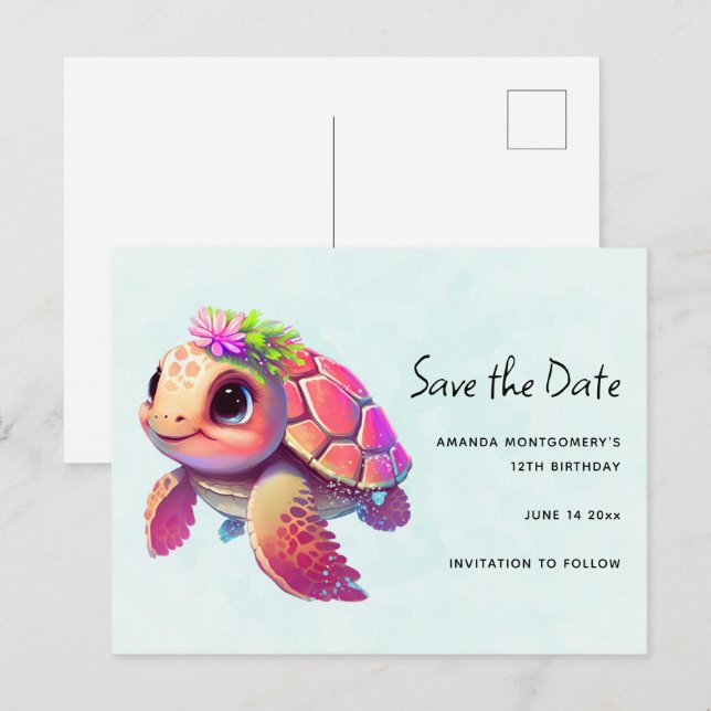 Rosa Sea Turtle Whimsical & Cute Save Date Inbjudan Vykort (Fram/baksida)