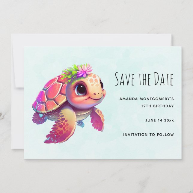 Rosa Sea Turtle Whimsical & Cute Spara Datumet (Framsida)