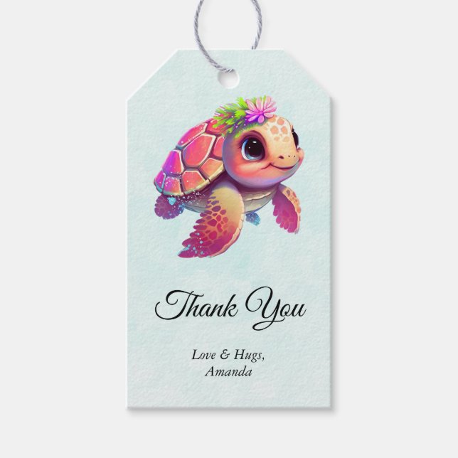 Rosa Sea Turtle Whimsical & Cute Tack Presentetikett (Framsidan)