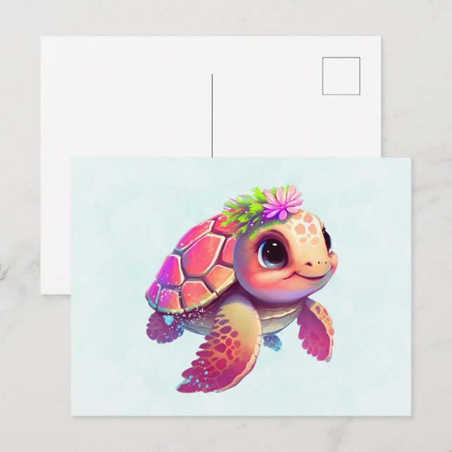 Rosa Sea Turtle Whimsical & Cute Vykort (Fram/baksida)