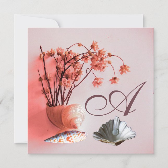 ROSA SEASHELLS,FLOWERS MONOGRAM Beach Wedding Inbjudningar (Framsida)