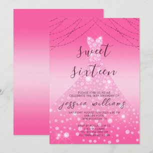 Rosa Sequin Boll Gown & Ljus Sweet 16 Birthday Inbjudningar