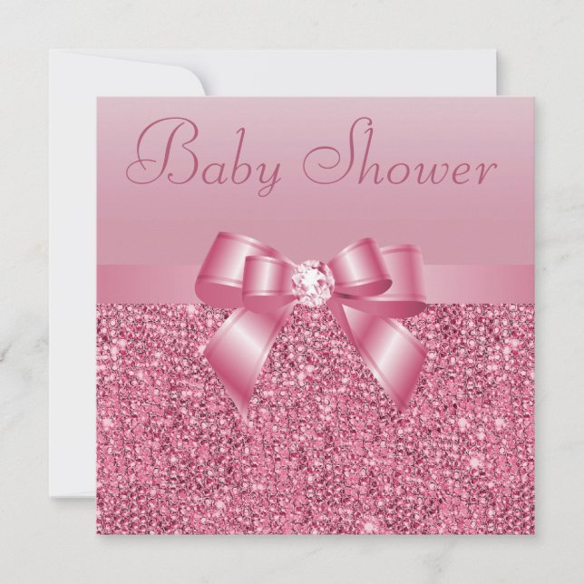 Rosa Sequins, Bow & Diamond Baby Shower Inbjudningar (Framsida)