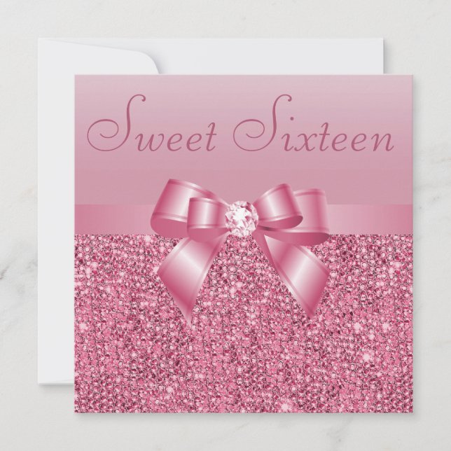 Rosa Sequins, Bow & Diamond Sweet 16 Inbjudningar (Framsida)
