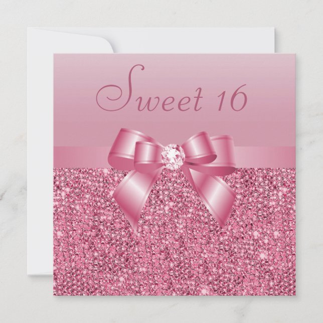 Rosa Sequins, Bow & Diamond Sweet 16 Inbjudningar (Framsida)