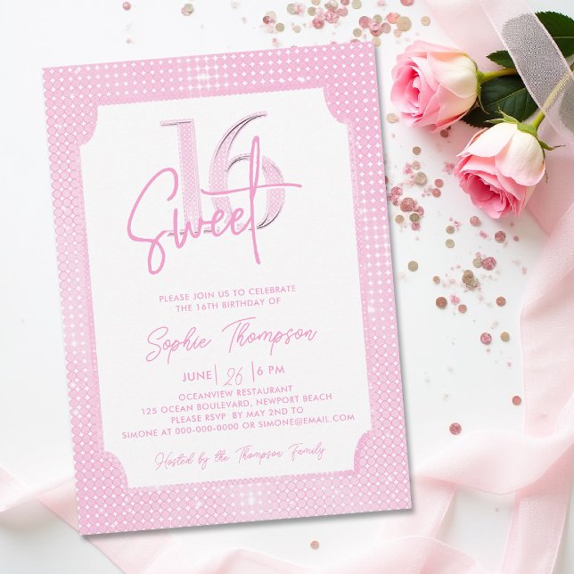 Rosa Sequins Elegant Ram Calligraphy Sweet 16 Inbjudningar (sweet 16 invitation sixteen birthday party pink sequins glitter elegant calligraphy modern fashion)