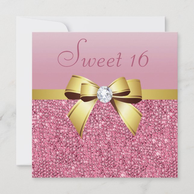 Rosa Sequins, Guld Bow & Diamond Sweet 16 Inbjudningar (Framsida)