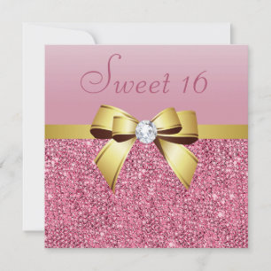 Rosa Sequins, Guld Bow & Diamond Sweet 16 Inbjudningar