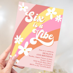 Rosa sex Är en Vibe Retro Daisy Regnbåge Födelseda Inbjudningar