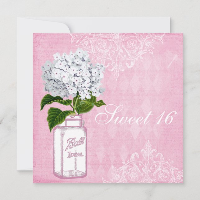 Rosa Shabby chic Burk och Hydrangea Sweet 16 Inbjudningar (Framsida)