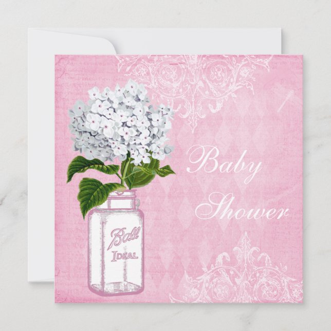 Rosa shabby chicMasonburk & vanlig hortensiababy Inbjudningar (Framsida)