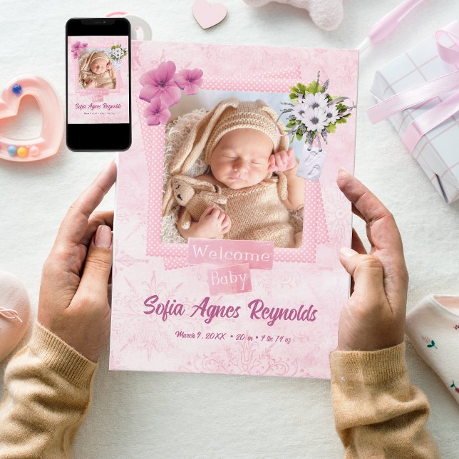 Rosa Shabby Stil Baby Flat AnnounCard Meddelande (Skapare uppladdad)