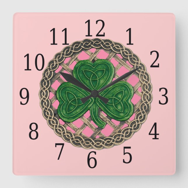 Rosa Shamrock and Celtic Knots Square Clock Fyrkantig Klocka (Framsida)