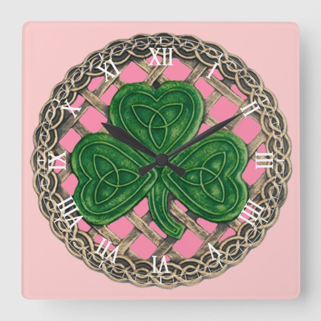 Rosa Shamrock & Celtic Knots Roman Numerals Clock Fyrkantig Klocka (Framsida)