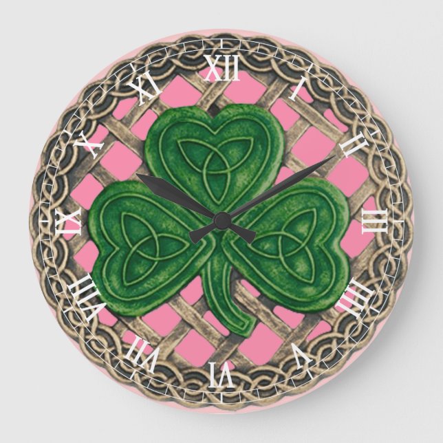 Rosa Shamrock & Celtic Knots Roman Numerals Clock Stor Klocka (Framsida)