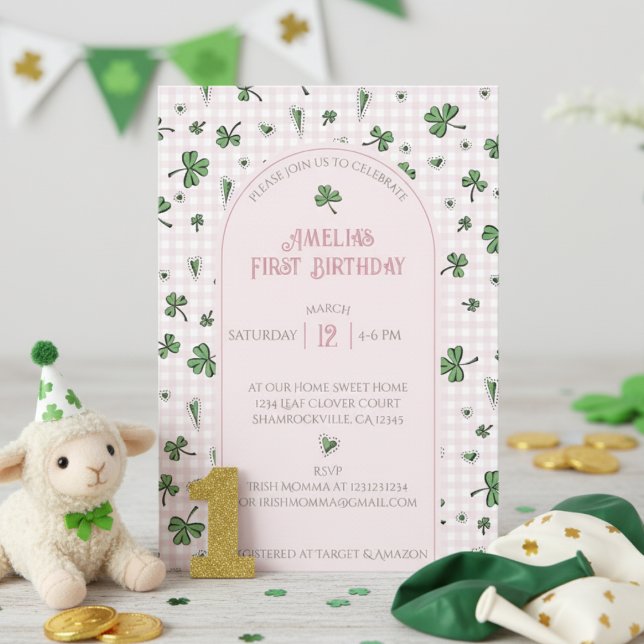 Rosa Shamrock First Birthday Photo Investigation Tack Kort (Cute Pink Shamrock 1st Birthday Invitation for Irish Kids Birthday Party. Lucky Green Clover, Hearts)