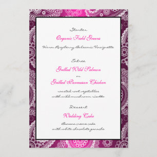 Rosa Shimmer Satin White Snöre Paisley-menykort Meny