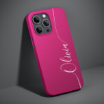Rosa Shimmer White Elegant Calligraphy Script Namn<br><div class="desc">Rosa Shimmer White Elegant Calligraphy Script Anpassningsbar Personlig Namn iPhone 14 Smart Phone Case har en modern och trendig enkel utformning och snyggt med personligen namn i elegant i rosa-handskriven calligraphy-skripttypografi på en metallisk -bakgrund. Designad av ©Evco Studio www.zazzle.com/store/evcostudio</div>