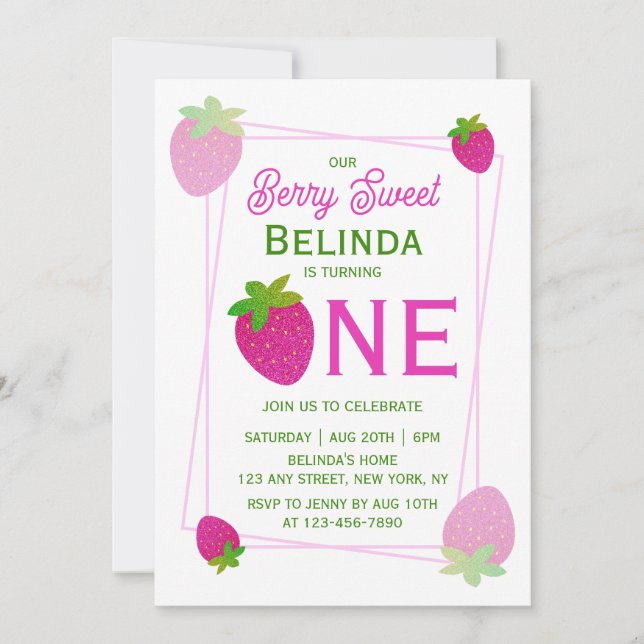Rosa Shiny Glitter Y2K Jordgubberry 1:a födelsedag Inbjudningar (Framsida)