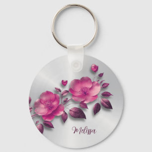 Rosa Shiny Metallic Flower Silver Nyckelring