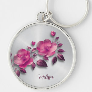 Rosa Shiny Metallic Flower Silver Rund Silverfärgad Nyckelring