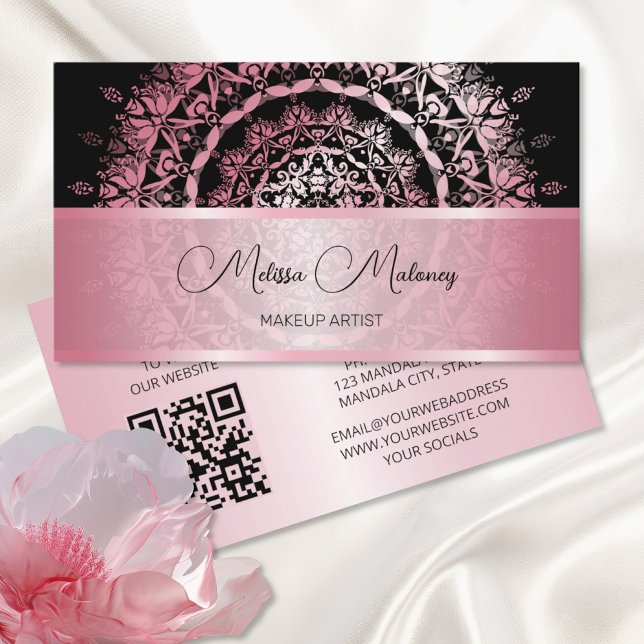 Rosa Shiny Metallic Mandala Black Visitkort (Skapare uppladdad)