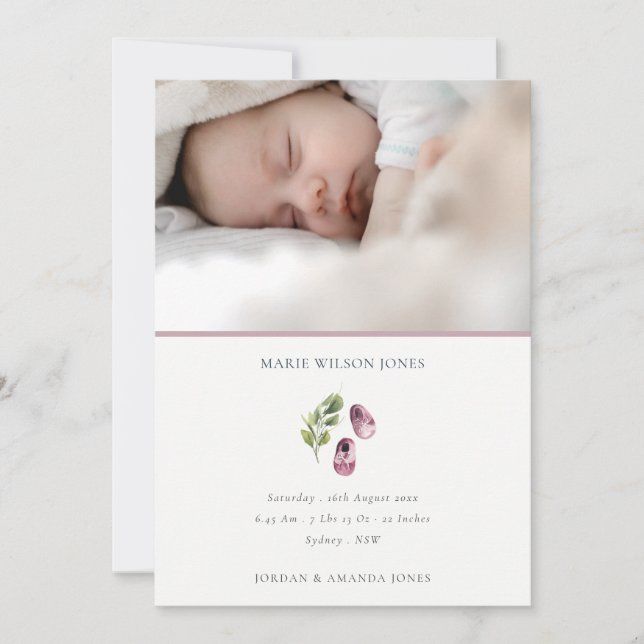 Rosa Shoes Foliage Photo Baby Birth Notification Tack Kort (Framsida)