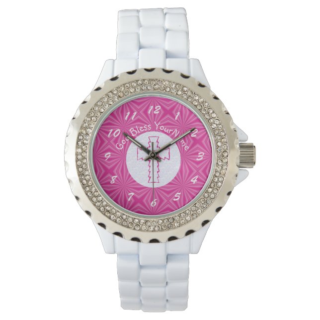 Rosa sicksackkors på vitt och starkt rosa armbandsur (Framsida)