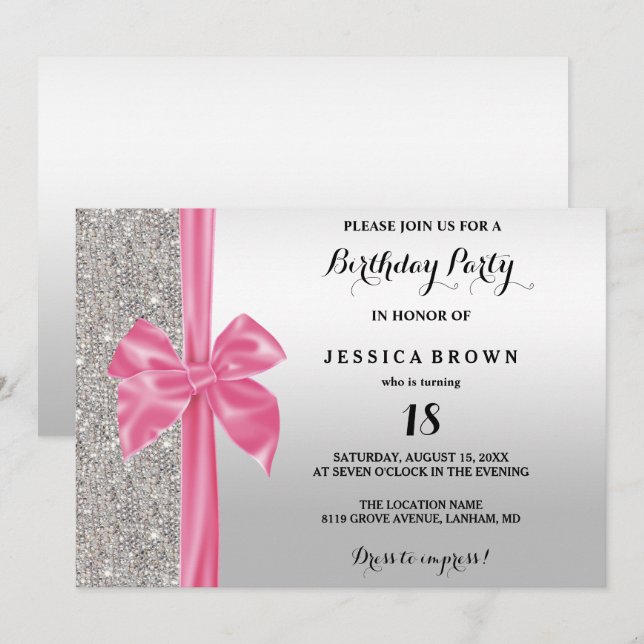 Rosa Silke Bow Silver Sequins 18:e födelsedagen Inbjudningar (Fram/baksida)