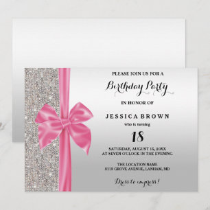 Rosa Silke Bow Silver Sequins 18:e födelsedagen Inbjudningar