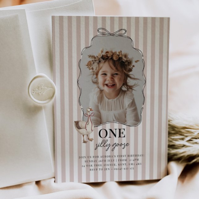 Rosa Silly Goose 1-års inbjudan (Zazzle Pink One Silly Goose 1st Birthday Invitation
)